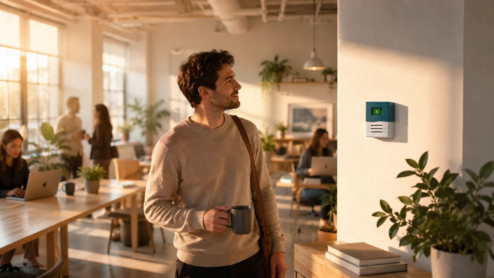Espacio de co-working iluminado por el sol con un monitor de calidad de aire TAirQ instalado en la pared