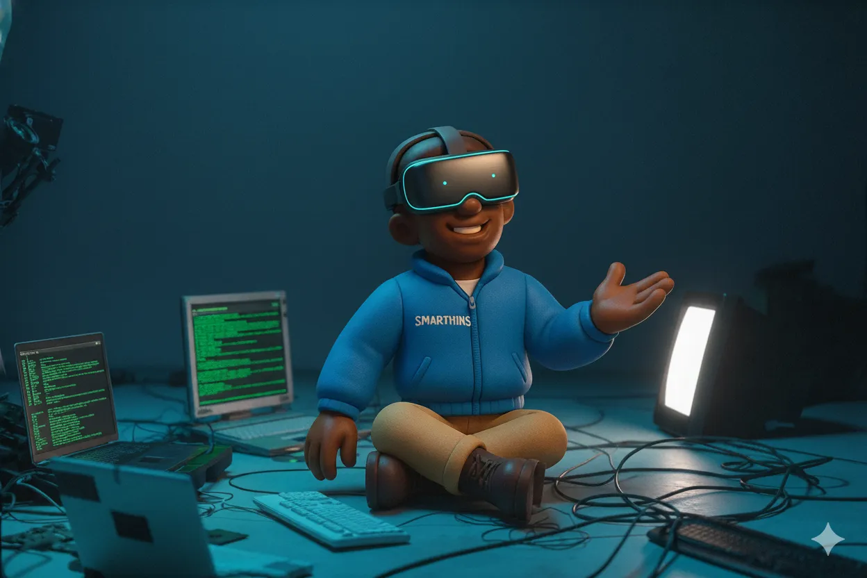 Nikola, la mascota de Smarthinks, con un visor de realidad virtual rodeado de computadores