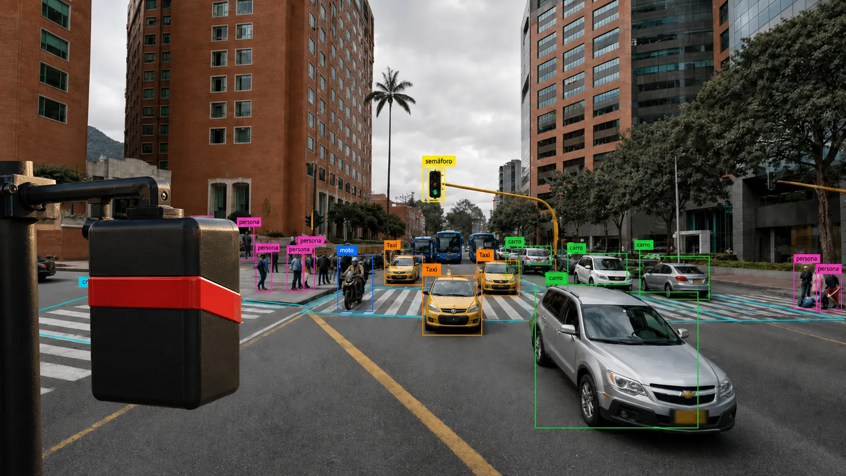 Aforador instalado en un poste contando en tiempo real carros, taxis, motos y peatones de una intersección urbana mediante visión artificial